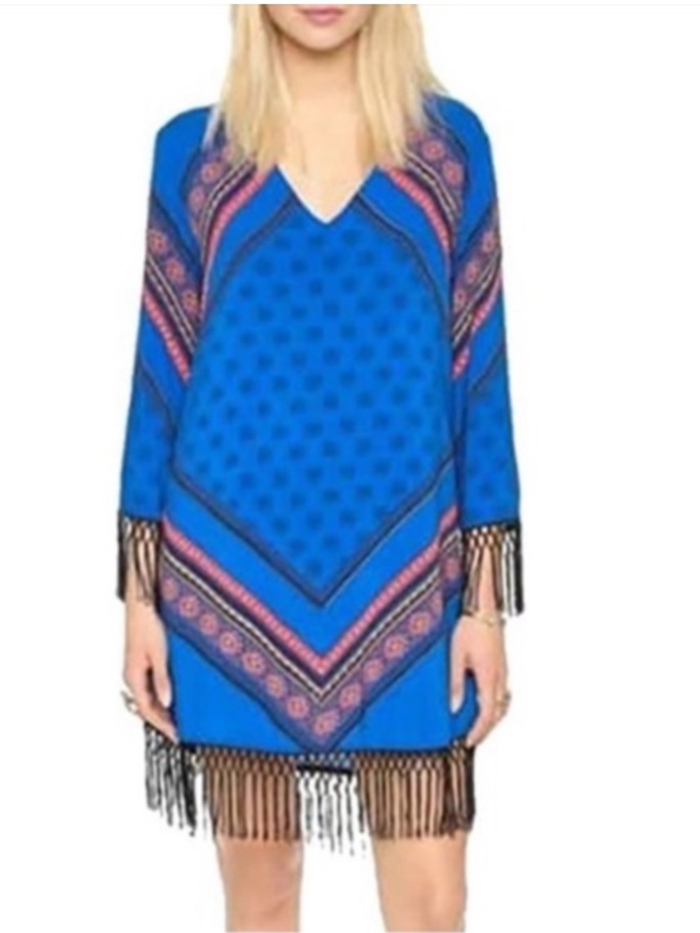 MINKPINK Royal Blue V-Neck Fringe Shift Dress with Pink Accents